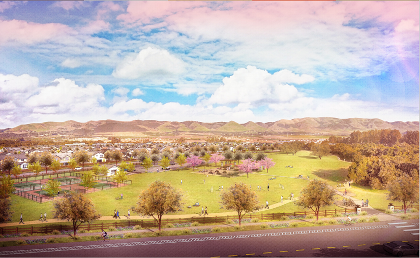 Artists rendering from Dana Reserve Specific Plan showing a neighborhood park with residents strolling in the foreground and homes in the background. Click to view article, The Board of Supervisors approved the 2024 Dana Reserve Specific Plan on April 24, 2024.