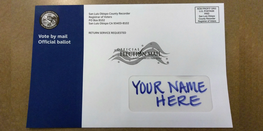 A sample vote-by-mail ballot envelope.
