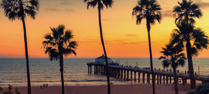 A beach at sunset with an orange sky and silhouettes of palm trees, a pier with people walking along it and the beach.