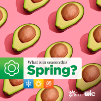 Halved avocados. Graphic says, "What is in Season This Spring"