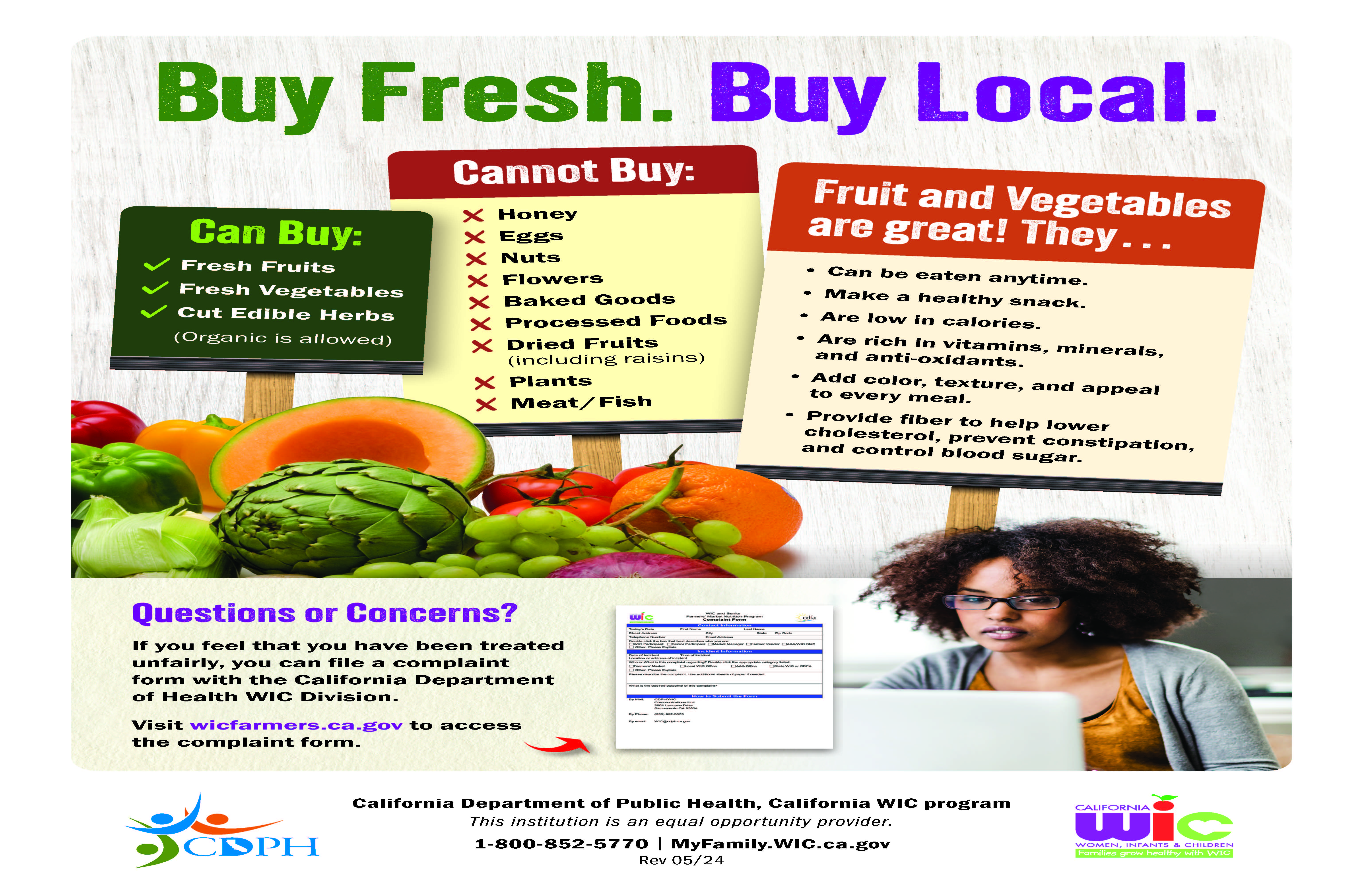 Assorted fruits and vegetables and a woman on a computer. Text promotes buying fresh and local produce