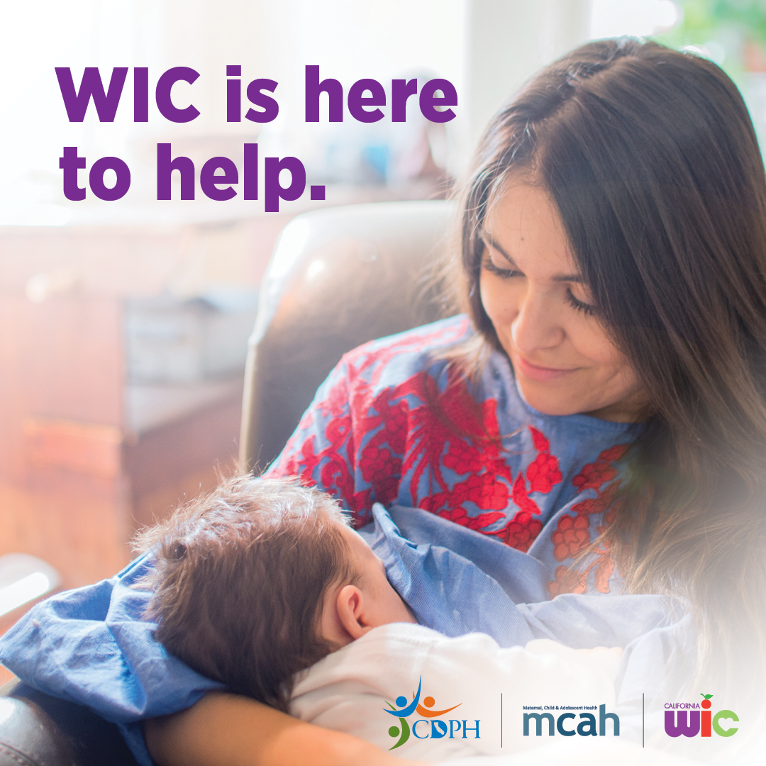 Mom is breastfeeding her baby. Text says, "WIC is here to help."