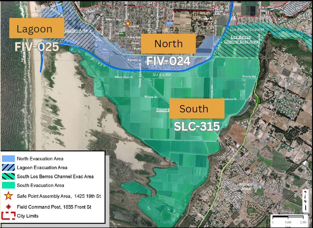 A map illustrating pre-designated evacuation zones around the levee, labeled FIV-024 to the north, FIV-025 near the lagoon, and SLC-315 to the south