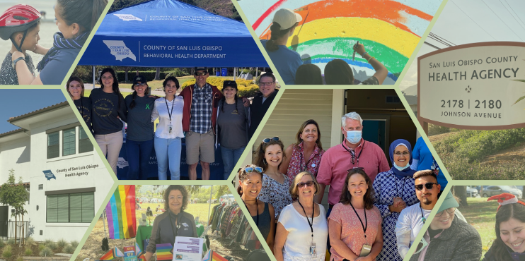 Multiple images cropped into a honeycomb-shaped collage featuring smiling staff working at community events, plus one image of the Paso Robles Health Agency building.
