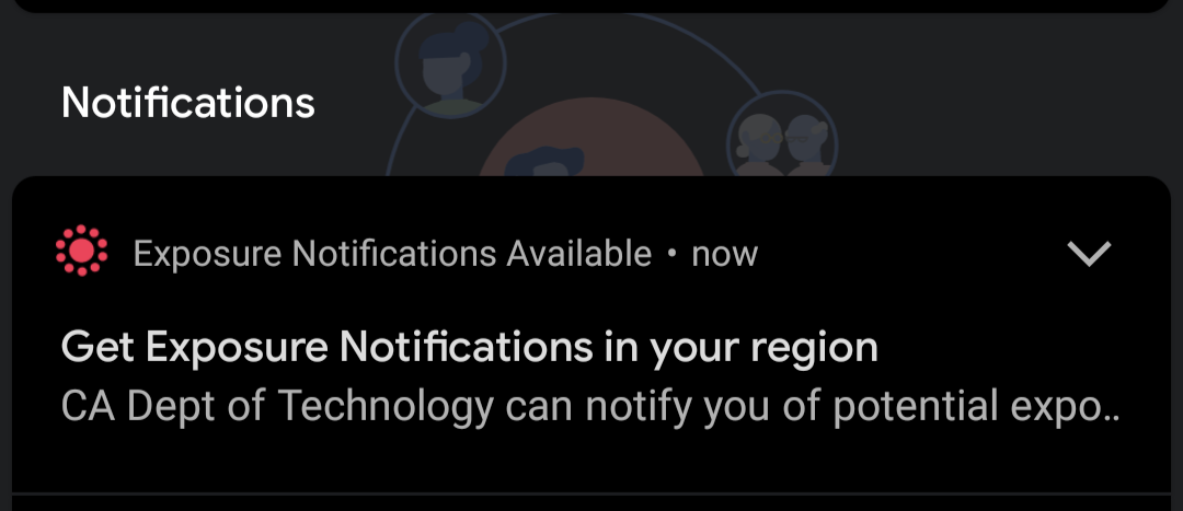 Screenshot of notification saying "Get Exposure Notifications in your region"