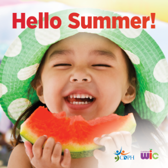 Girl eating watermelon with a polka dot hat. Text says, Hello Summer!