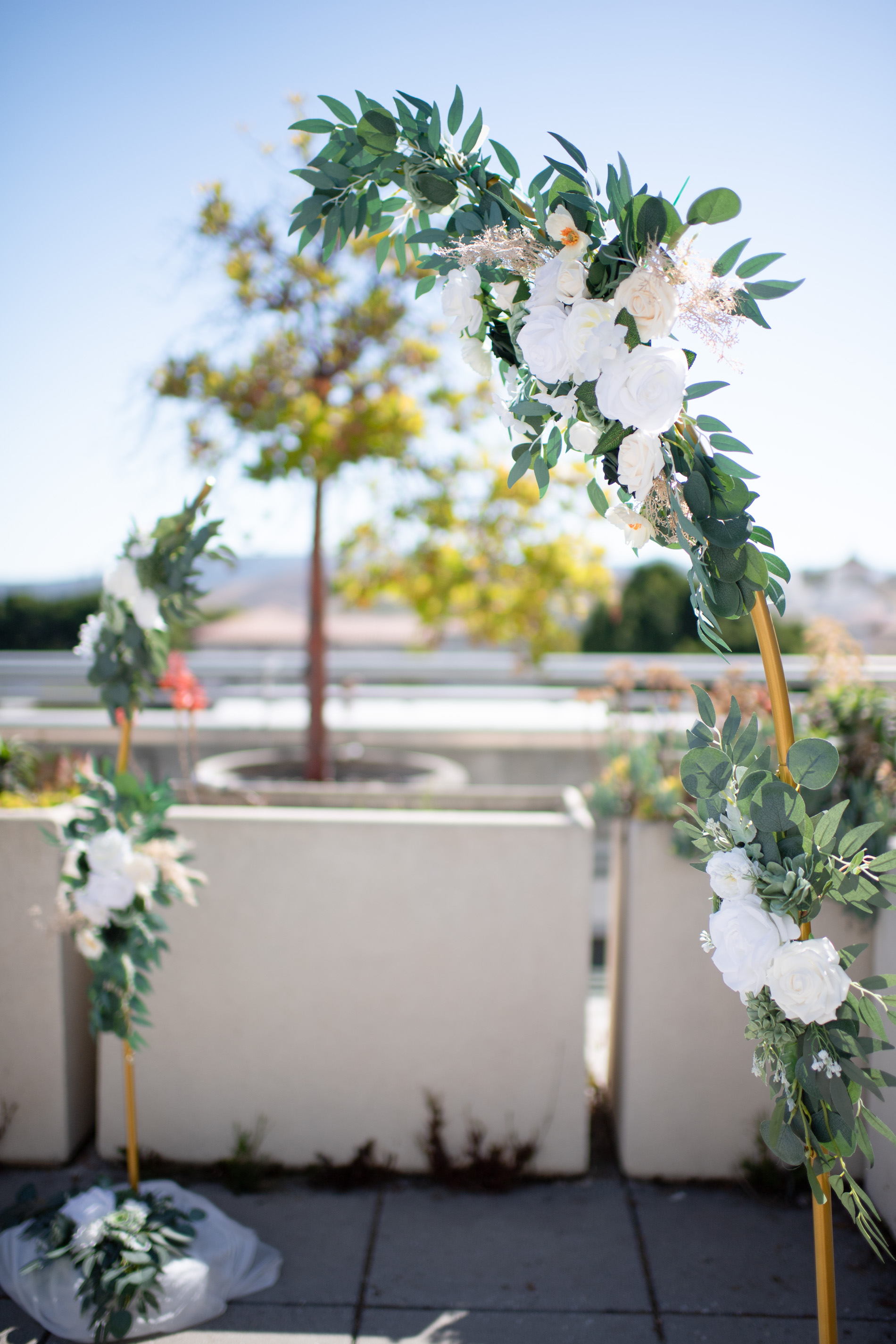 Side view close up of ceremony decorative floral arch