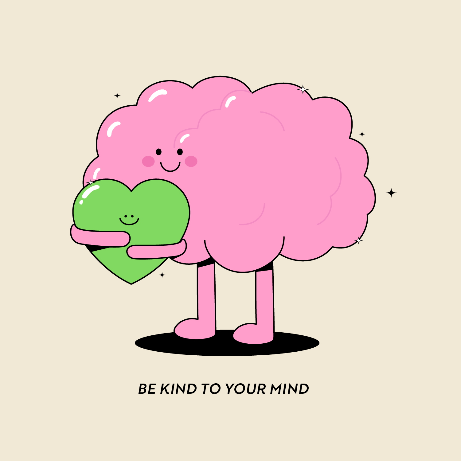 Cartoon of pink brain hugging a lime green mental health awareness heart