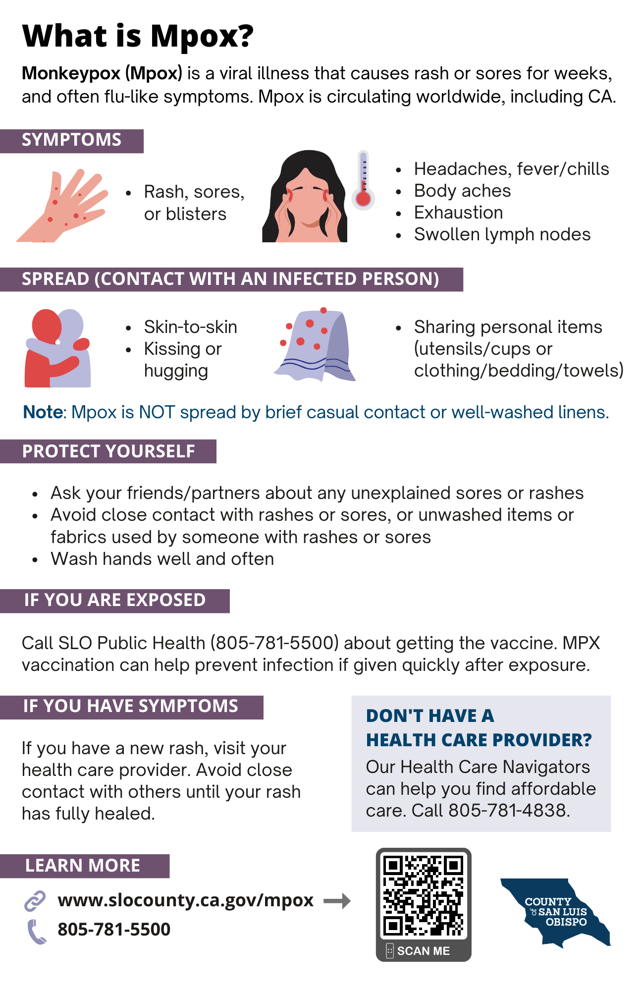 A flyer with a white background and images explaining the symptoms, prevention and spread of mpox.