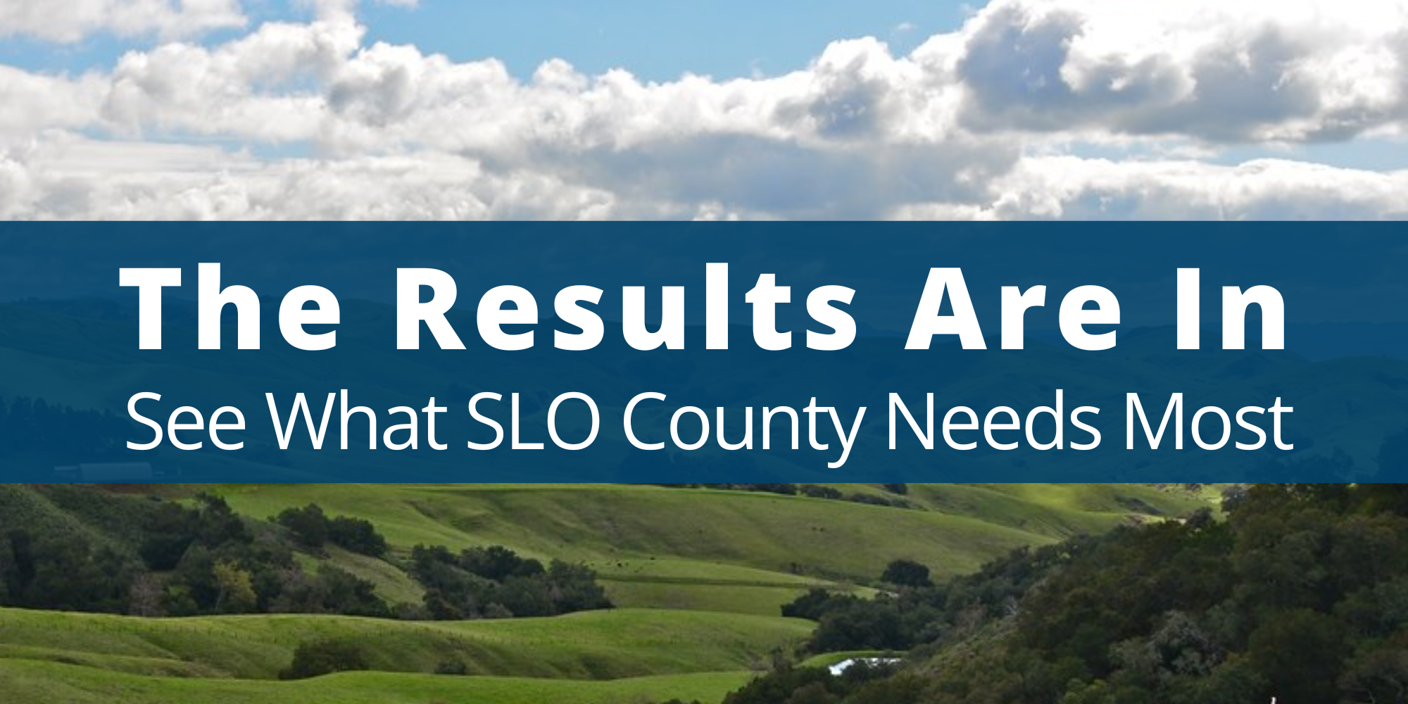 Green hills of north San Luis Obispo county with text reading "the results are in, see what SLO County needs most" overlaid.