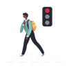 A teenager crossing the street in a cross walk with a traffic signal showing a red light.