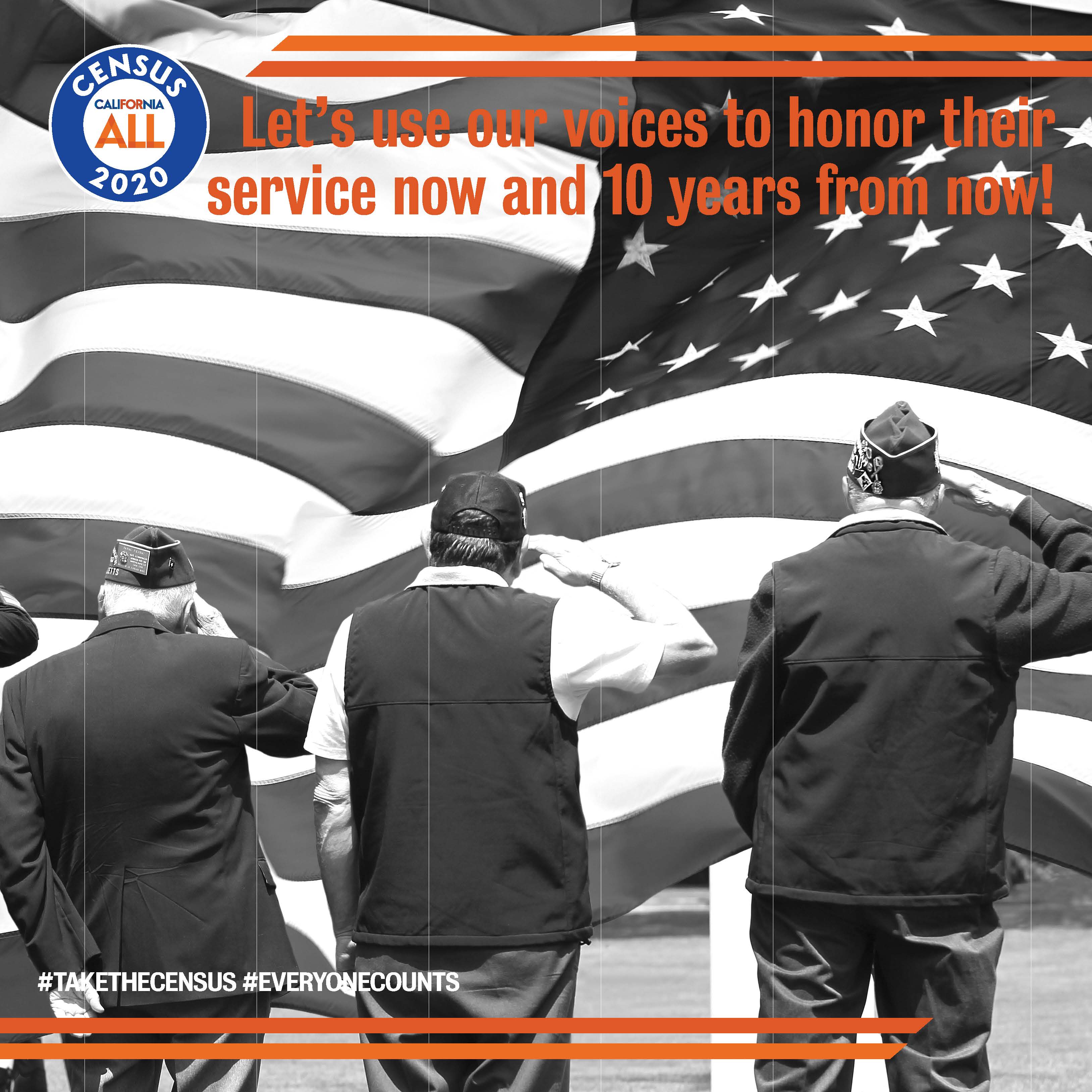 A 2020 Census poster with the caption, "Let's Use Our Voices To Honor Their Service Now And 10 Years From Now."  Three individuals stand facing and saluting the U.S. flag.