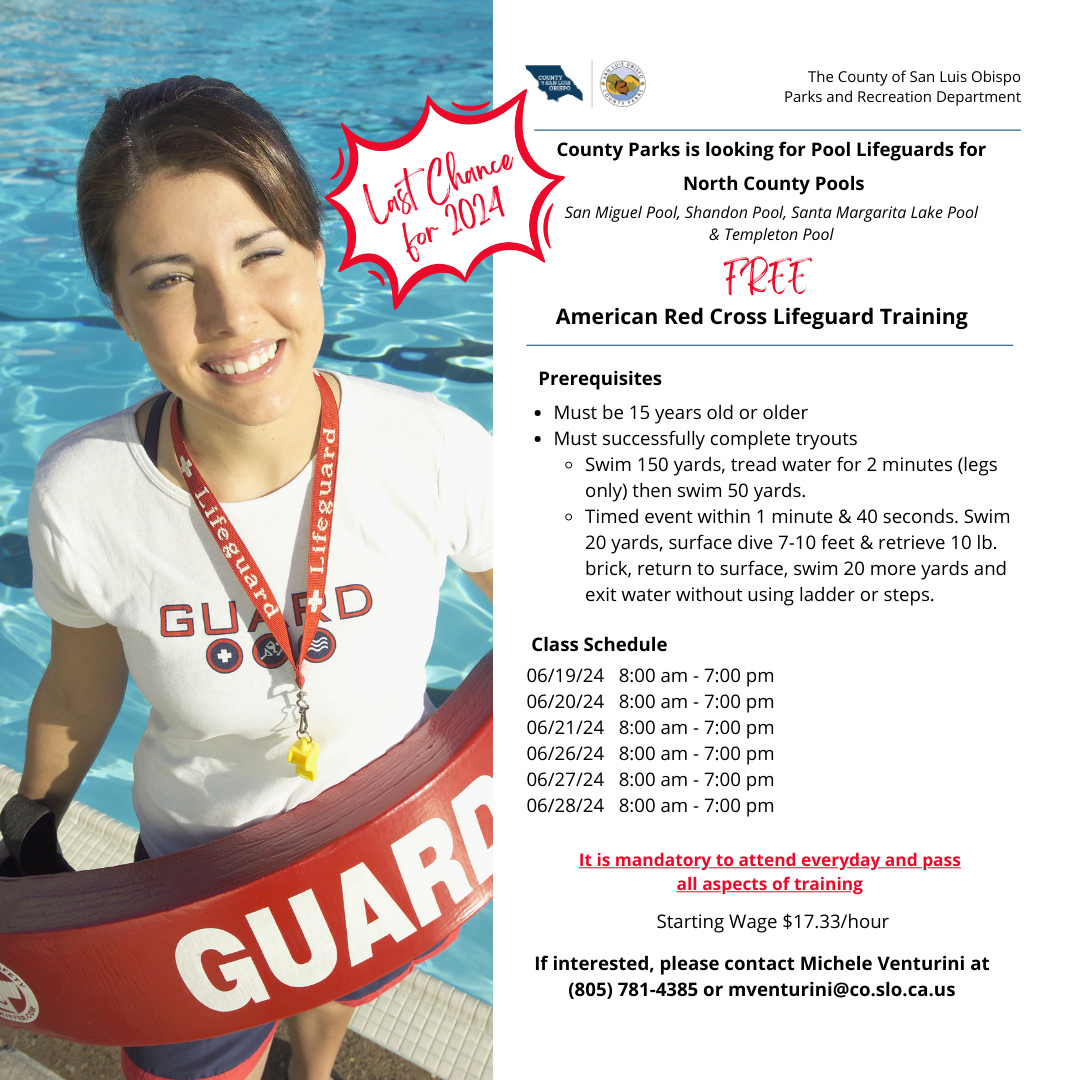 Image of a lifeguard standing next to a pool of blue water. the life guard hold a red water float with the word "GUARD" printed on it in white. the guard has a red lanyard with a yellow whistle around the neck. the guard has a white shirt that says "GUARD" in red.